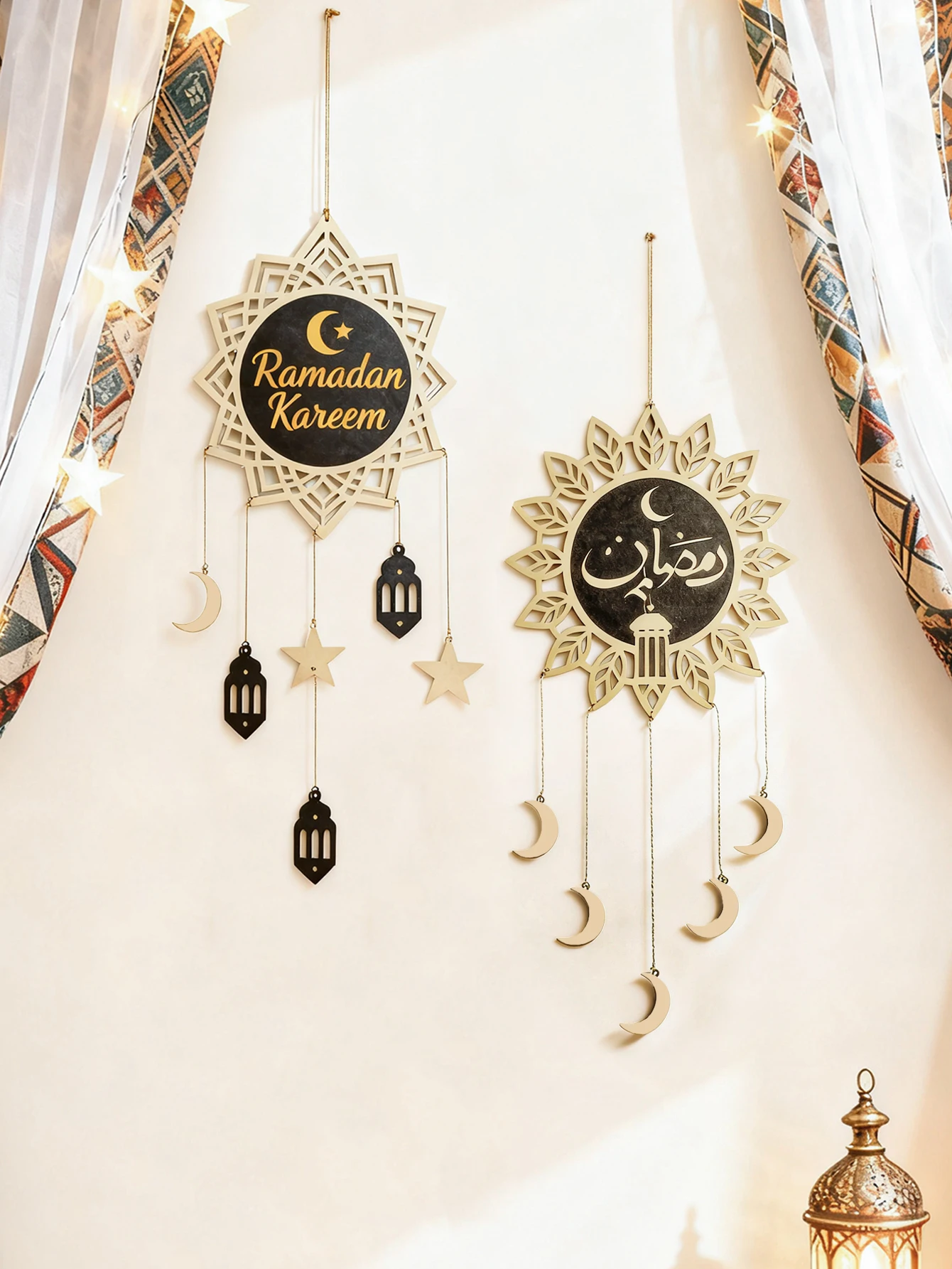 Ramadan Kareem Islamic Wind Chime Wall Decor Moon Star Lantern Hanging Ornament Pendant for Muslim Home Party Holiday Decor Gift