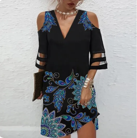 

Fashion Printed Hollow Mesh Spliced ​​half-sleeved Dress Women Summer Bohemian V-neck Dress For Women 2025