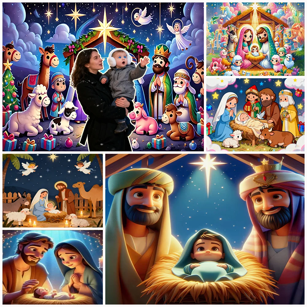 

Christmas Religious Background Decoration Supplies Cartoon Fun Starry Night Jesus photography Backdrop Banner Baby Shower Gifts