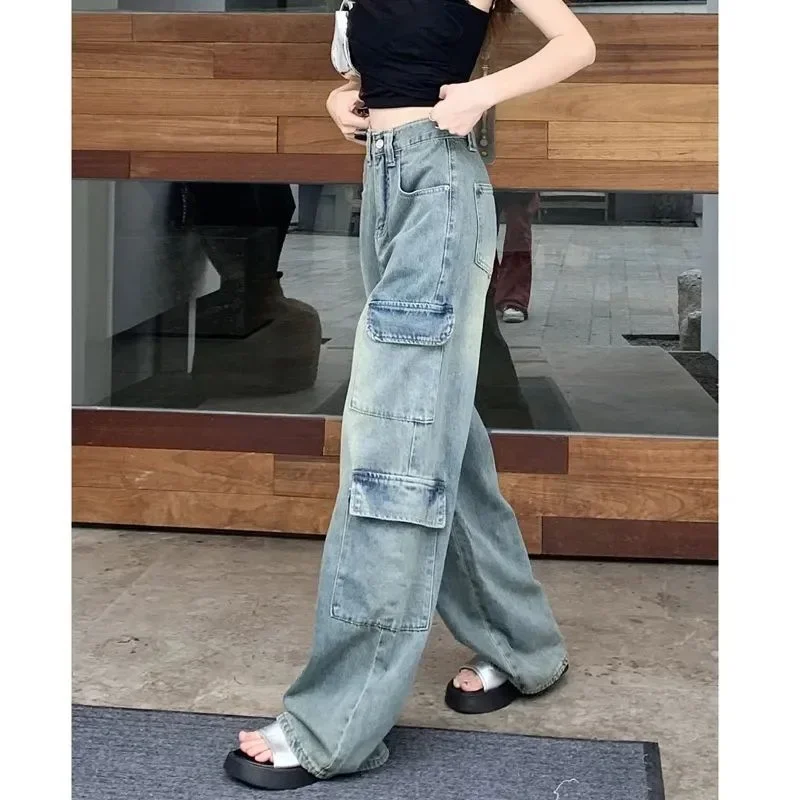 Women Vintage Jeans Wide Leg Pants High Waist Pockets Button Zipper Fly Basics Full Length Streetwear Denim Straight Trousers