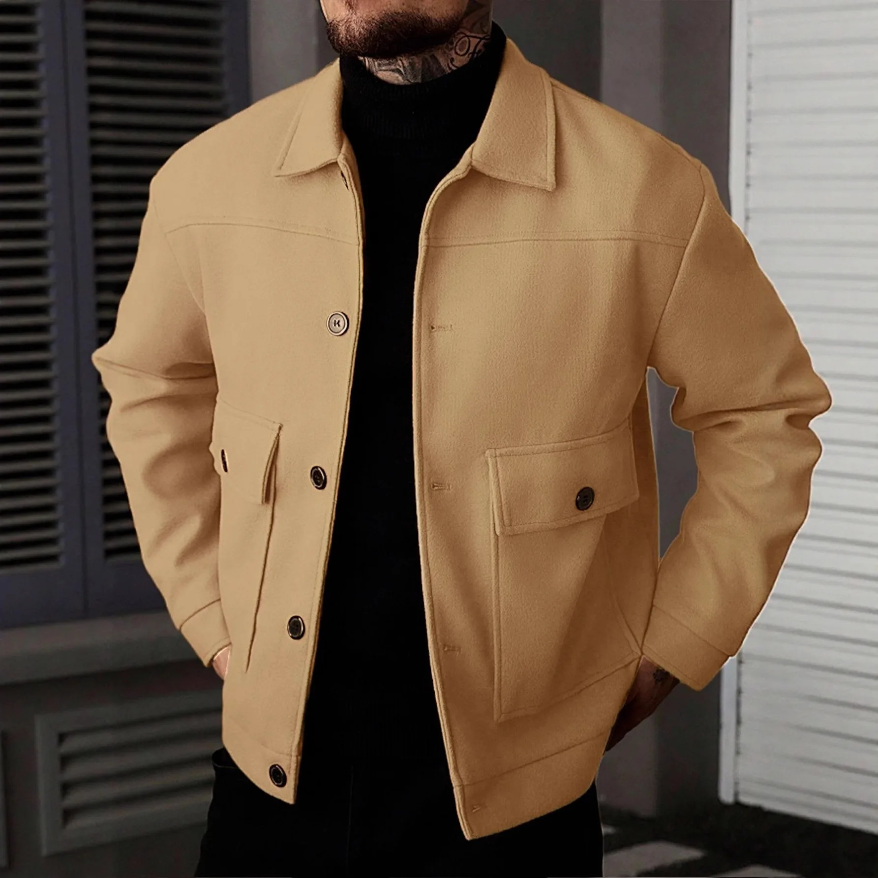 2026 New Fashion Autumn Winter Men Solid Color Turn-down Collar Single Breasted Simple Daily Casual Trendy Loose Cargo Jackets