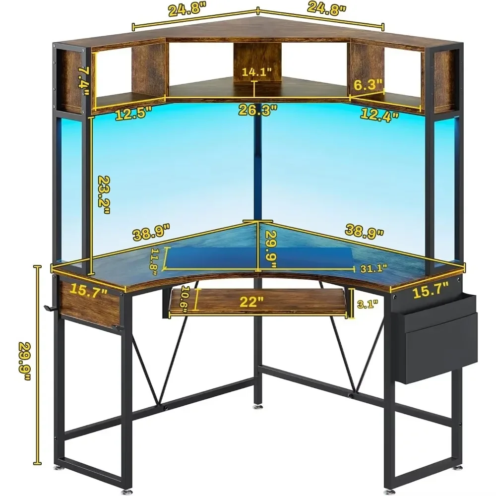 

Corner Desk, Small Computer Desk with Hutch & LED Lights, Triangle Corner Computer Desk with Keyboard Tray, Storage Bag