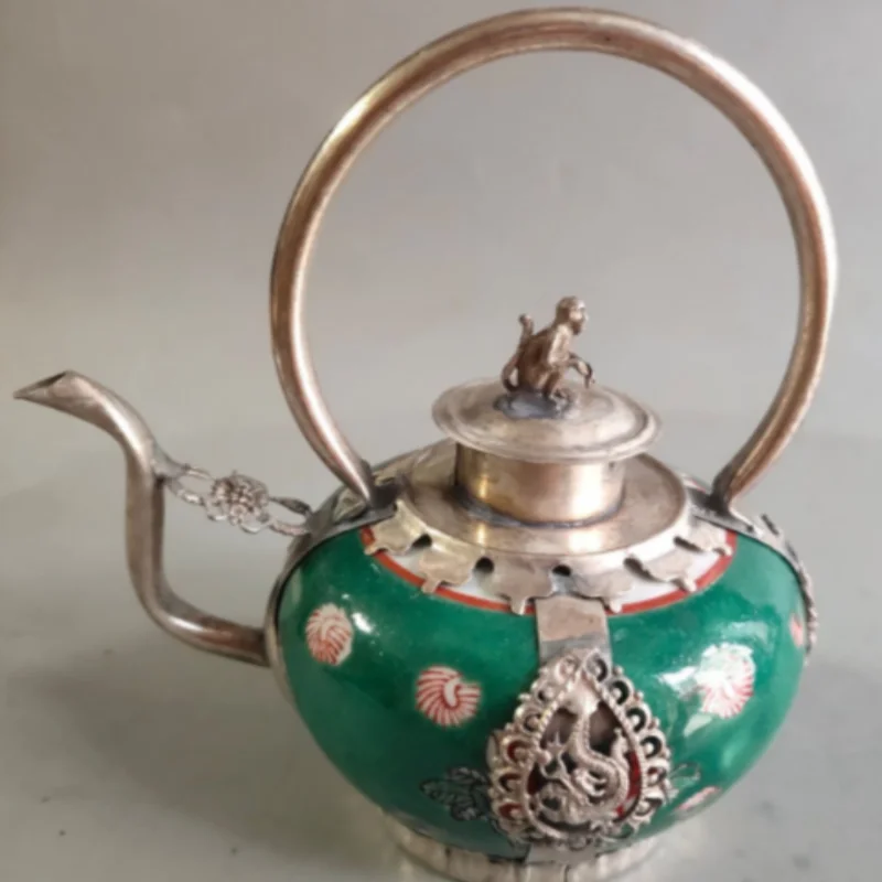 Antique White Copper Ceramic Teapot - Oriental Tea Ware & Water Pot Display, Home Tea Table Desktop Decor & Collectible Ornament