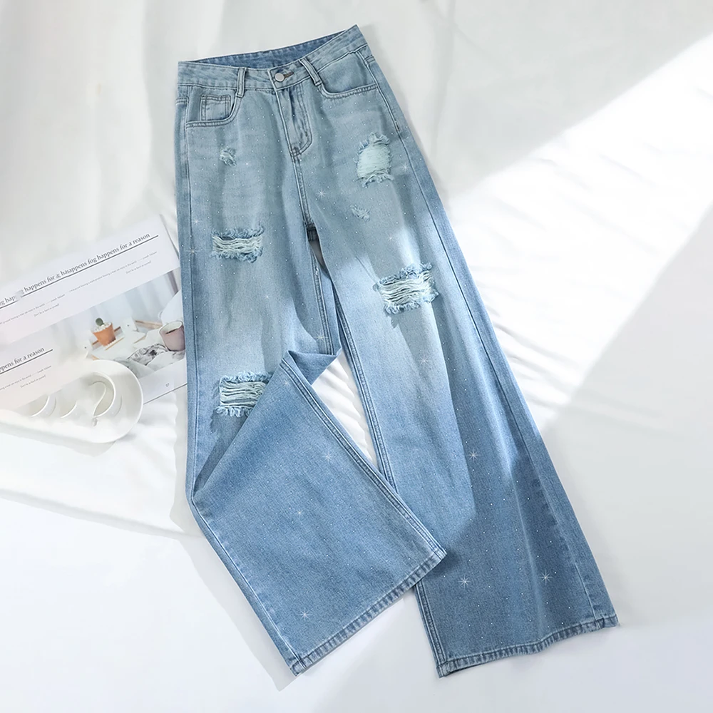 Gradient Blue Ripped Holes Jeans for Women 2025 Summer High Waist Straight Loose Denim Pants Shiny Diamond Girls Wide Leg Pants
