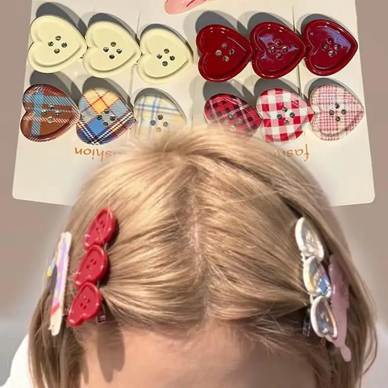 4 Pcs Lovely Heart Button Hair Clips For Women Sweet Red Grid Button Hair Clip Side Bangs Girls Cute Clip Hair Accessories