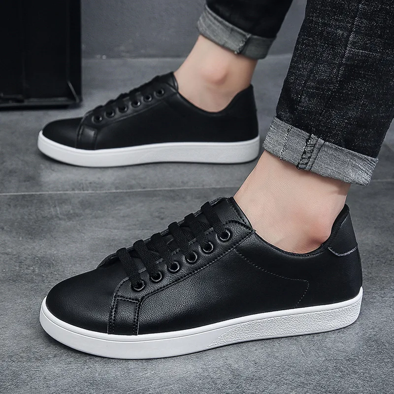 Men\'s Vulcanized Shoes Casual Low Top Flat Sneakers White Shoes Zapatillas Hombre Chaussure Homme Drop Shipping Leather Black