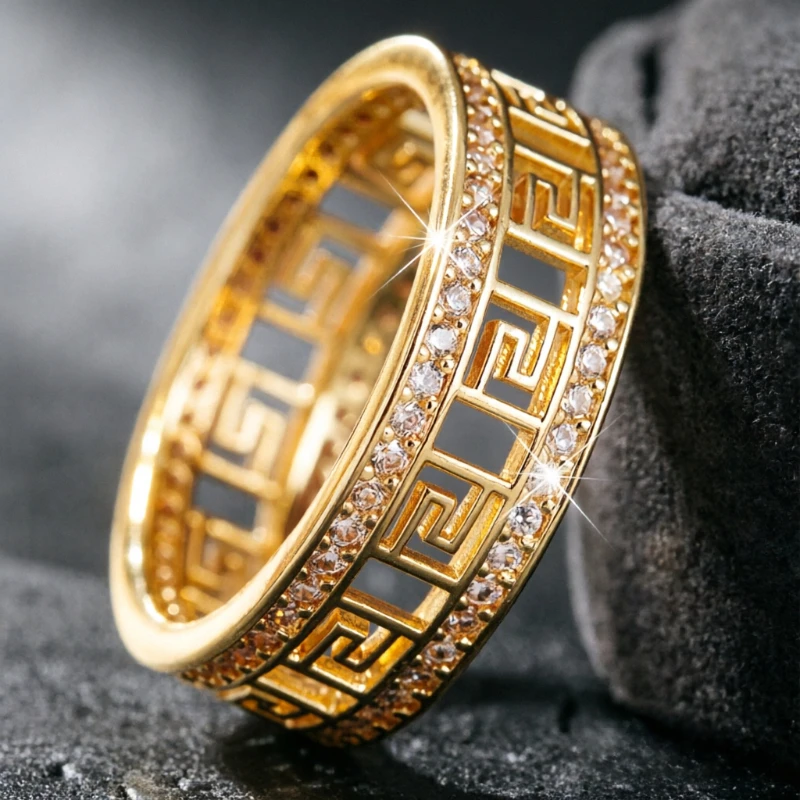 Luxury Elegant Hollowed Greek Key Design Synthetic Zirconia Golden Ring for Women Fashion Charm Banquet Anniversary Fine Jewelry