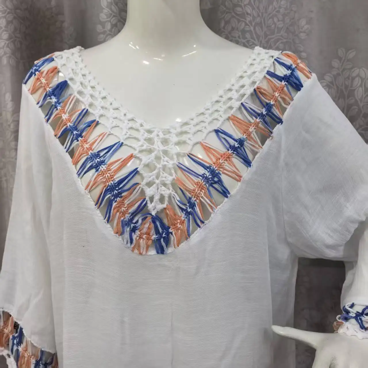 2026 Summer Women's Hand-Crocheted Fringe Beach Cover Up, Out Loose V Neck Short Sleeve Sun Protection Vacation Beachwear Dress