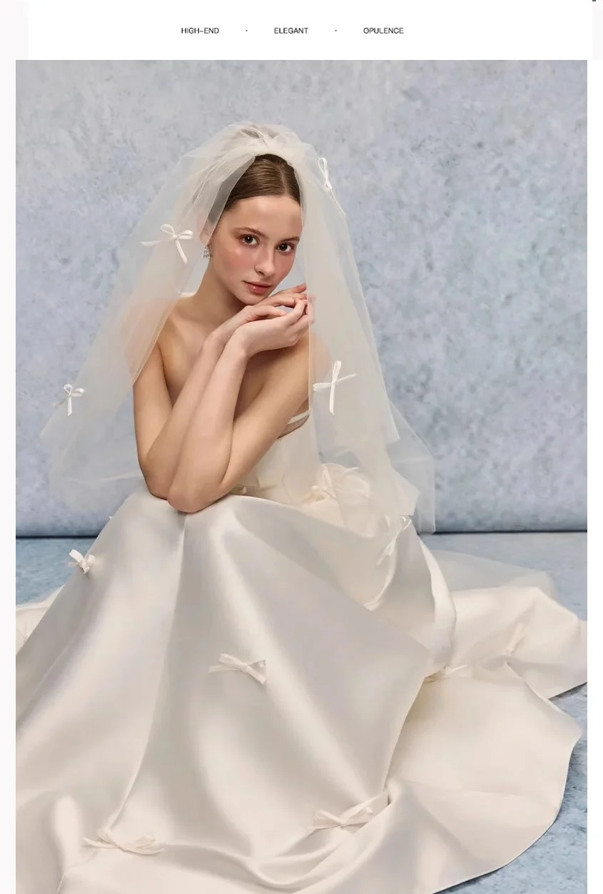 Abiti da sposa coreani Bowith Abito da sposa in raso con fiocco senza spalline Abito da sposa senza maniche lungo fino al pavimento personalizzato