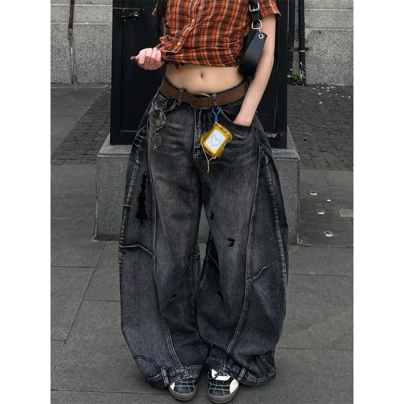 

Американские ретро-джинсы с широкими штанинами для женщин, свободные брюки-клеш с дырками, повседневные брюки с карманами
