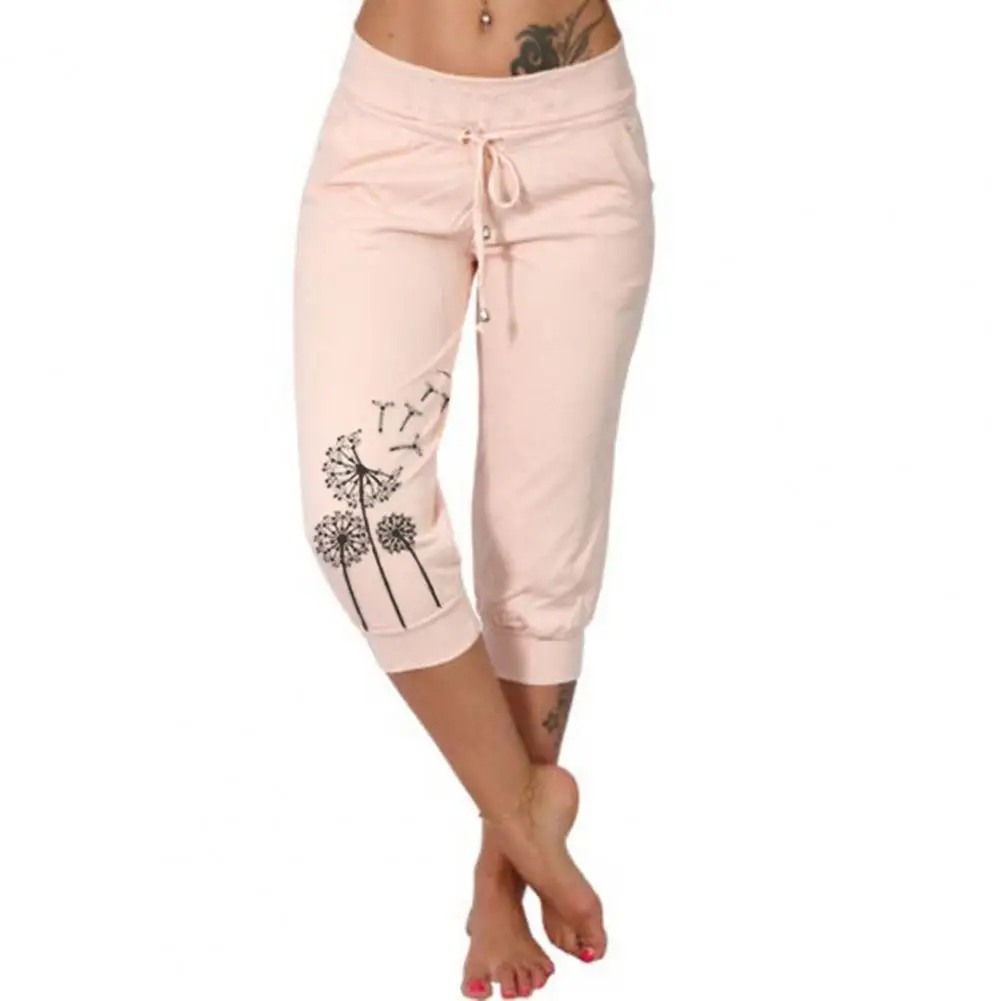 Pantalones cortos con estampado de diente de león para mujer, pantalones bombachos con cordón en la cintura, pantalones deportivos con bolsillos, Verano