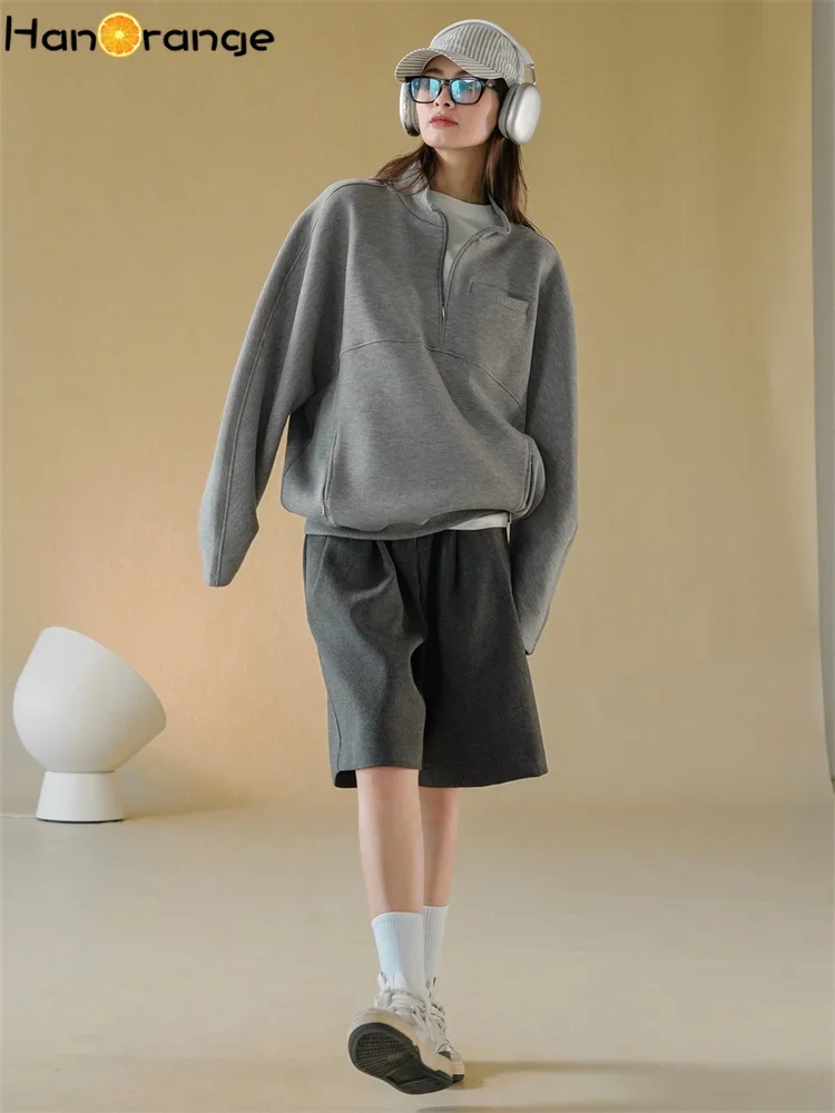 HanOrange 2025 Early Spring Fashion Half Turtleneck Air Layer Pullover Sweatshirt Women Loose Casual Top Grey/Navy Blue