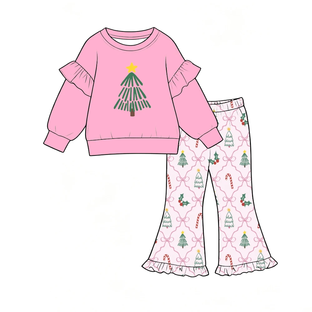 Christmas Girl Outfit Long Sleeve Flared Pants Set Star Candy Print Winter Clothing For Kids Boutique Children's Set 2