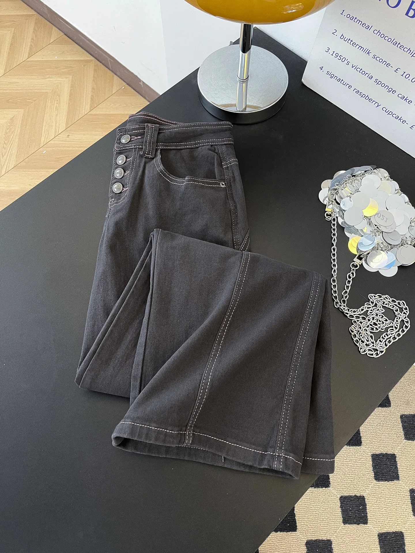 

High Waist Drapey Knife Denim Jeans Women's Spring Season Versatile Splicing Button Wide Leg Long Pants Commute Sle
