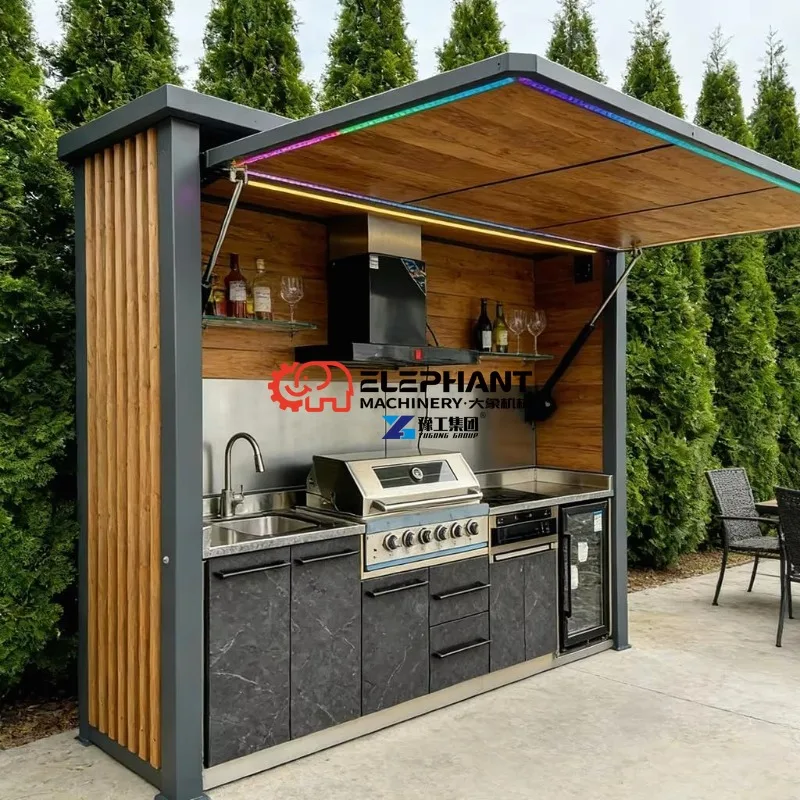 Prefab Modular Outdoor Kitchen Island Kits with Roof, Grill, Sink, Storage Cabinet, Backyard Patio Cooking Station