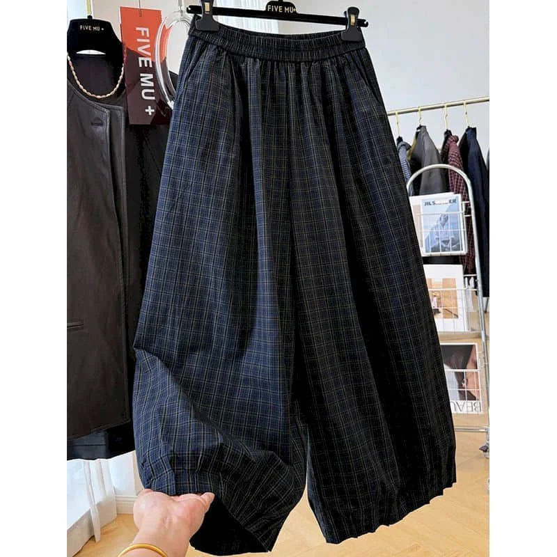 Harem Pants Streetwear Women Summer Plaid Vintage Korean Style Elastic Waist Lantern Trousers Casual Pleated Flowing Baggy Pants