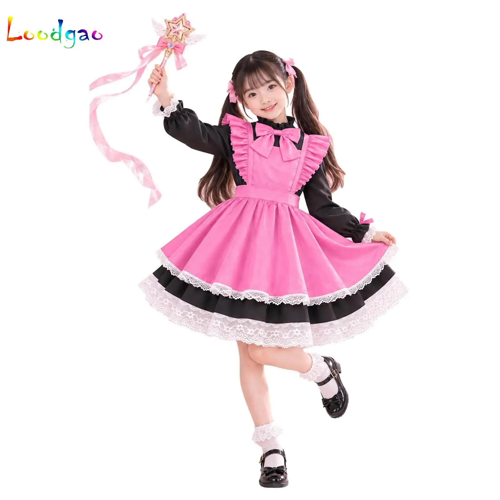 Japanese Anime Cute Lolita Party Dress Bowknot Long Sleeve Classic Lace Dress+Apron Maid Role Play Waitress Dressing Up Outfits