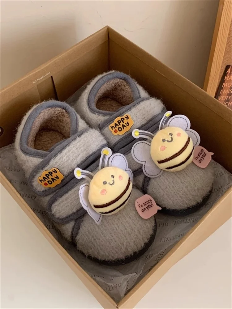 

Cute Bee Pattern All-Match Women's Casual Winter Shoes Plush Slippers Magic Tape Bean Bean Shoes Daily Wear Low Heel Flat Bottom