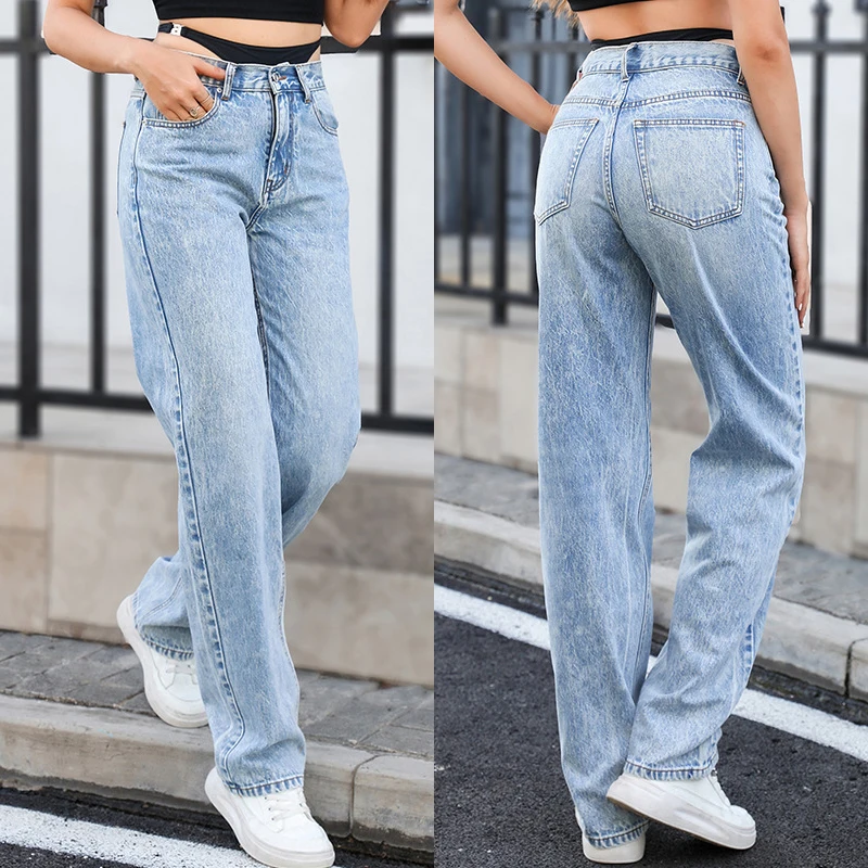 偽ツーピースステッチストレートジーンズ女性デニムパンツハイウエスト高級ブランドデザインズボンストリート衣装スタイリッシュな XS