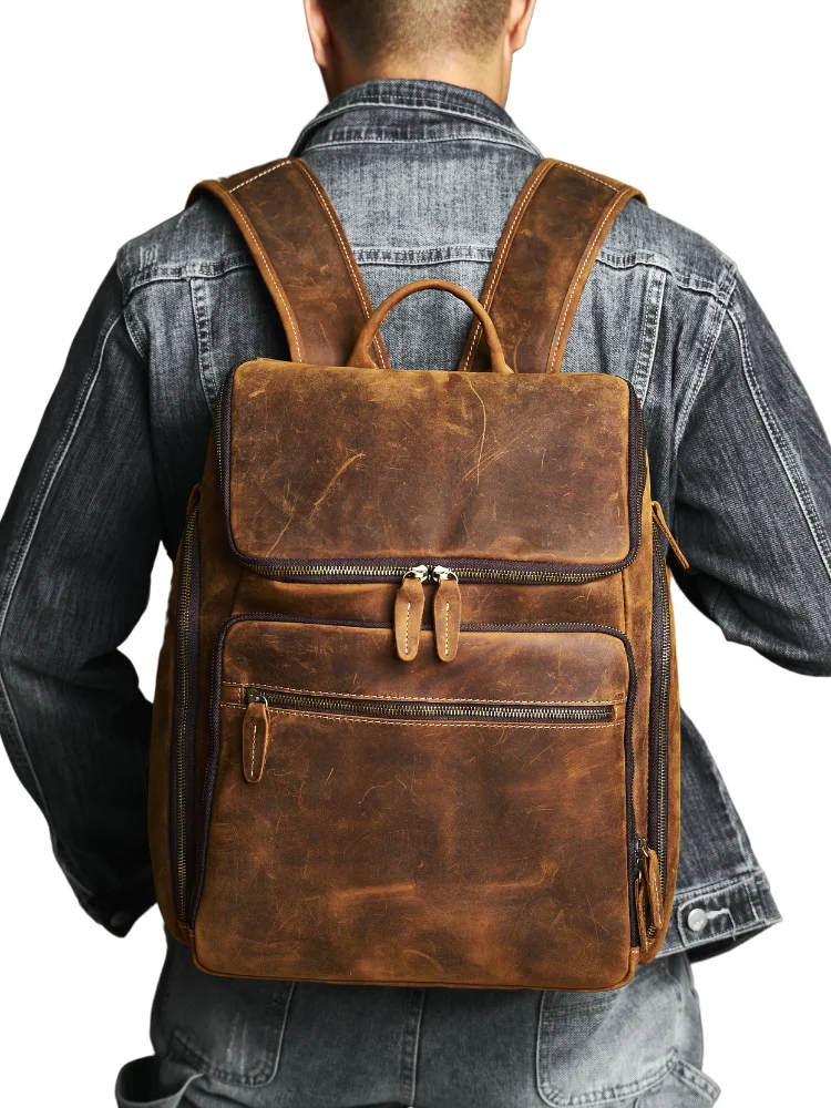 

Men's Genuine Leather Backpack Vintage Bag Outdoor Travel Backpack Laptop Backpack Schoolbag For Laptop 15.6 Inch