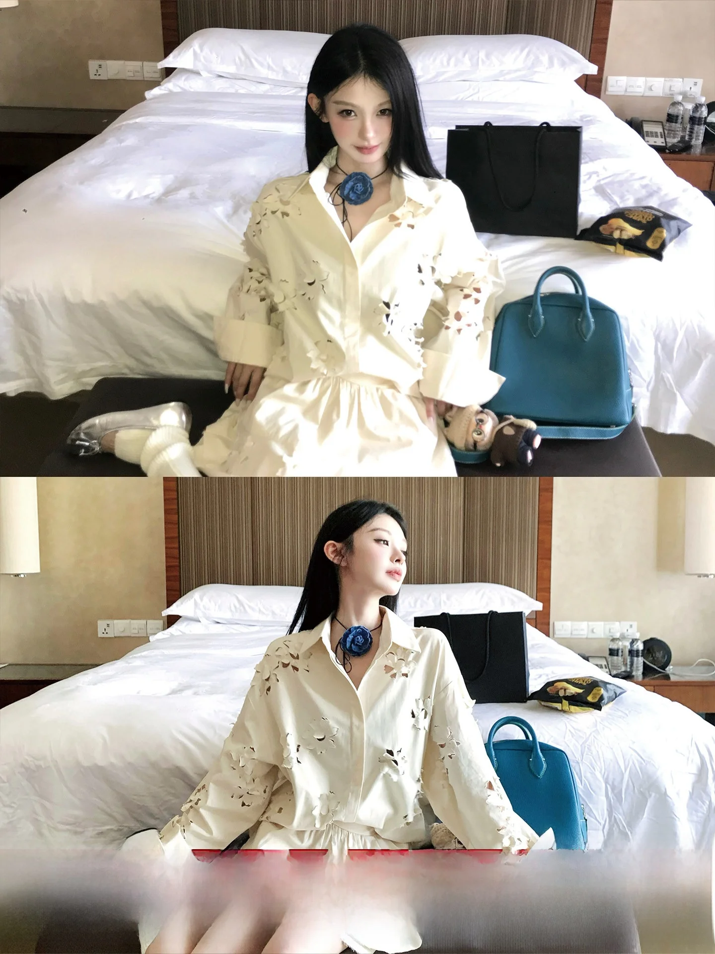 

Комплект Okaaay: женская юбка с высокой талией, вырезами и цветочным декором, и свободная хлопковая блузка с длинным рукавом и воротником.