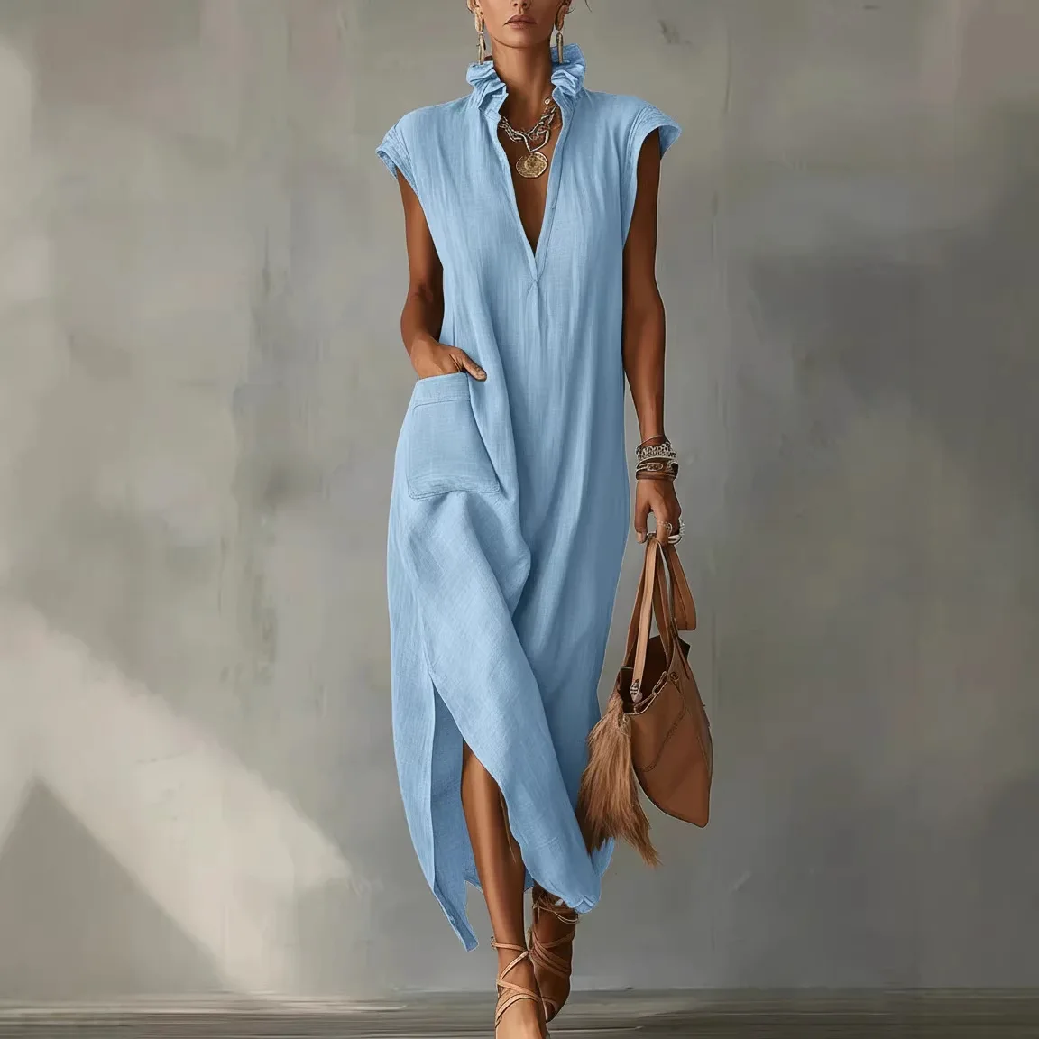 

2026 Women's Summer White Cotton Linen Loose Casual Dress Elegant Sleeveless V Neck Commuter Dress Ladies Vacation Beach Dresses