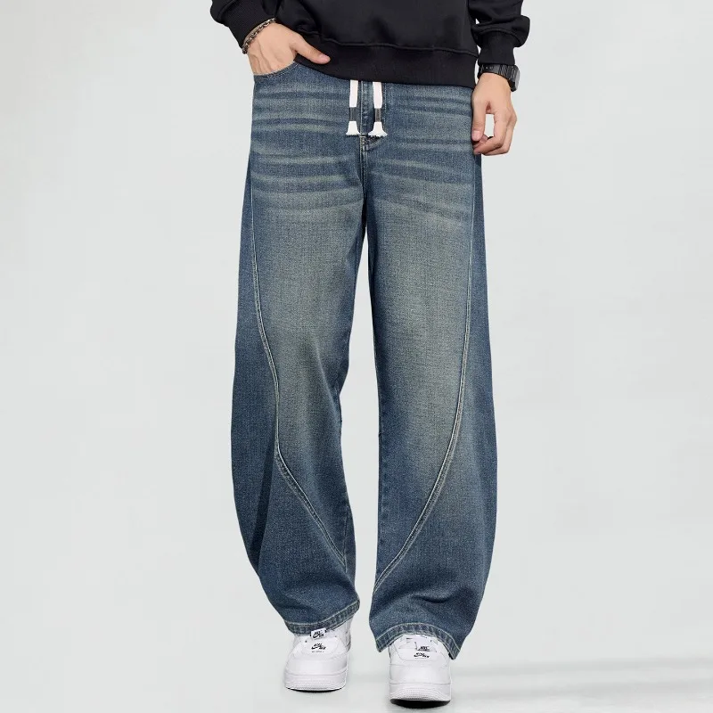 

KIDWHXR Men Denim Pant American Contrast Color Male Trousers Elastic Waist Drawstring Extended Casual Man Straight-leg Pant