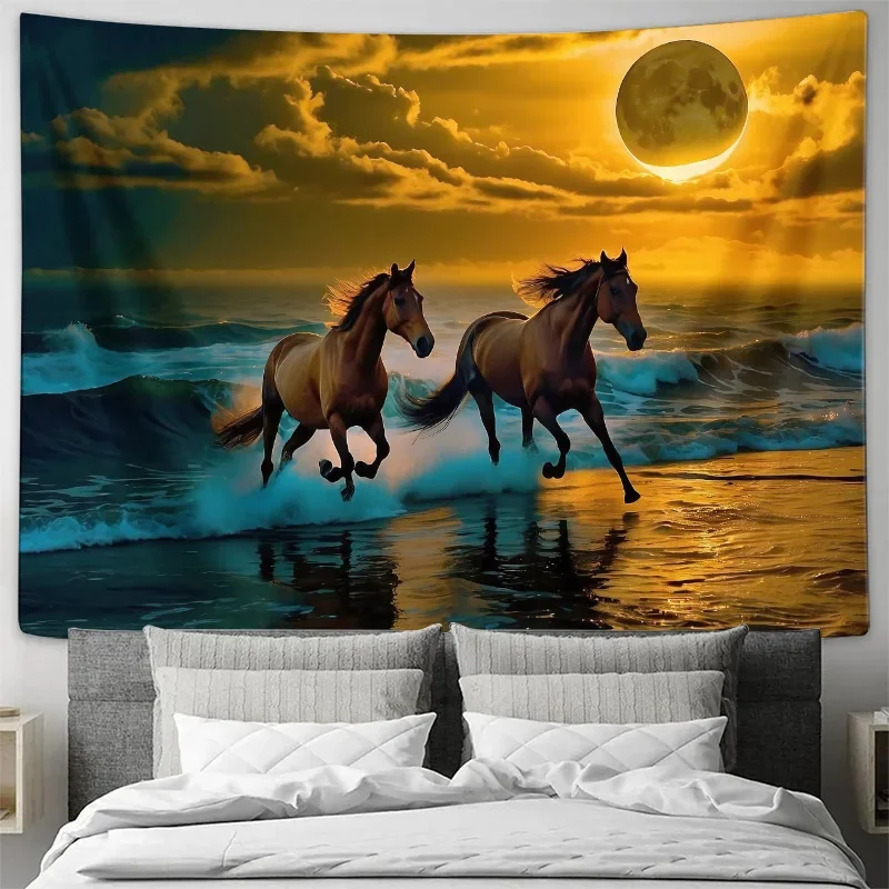 Tela para colgar en la pared con dos caballos corriendo junto al mar, tapiz artístico de pared para decoración de fondo de sala de estar o dormitorio