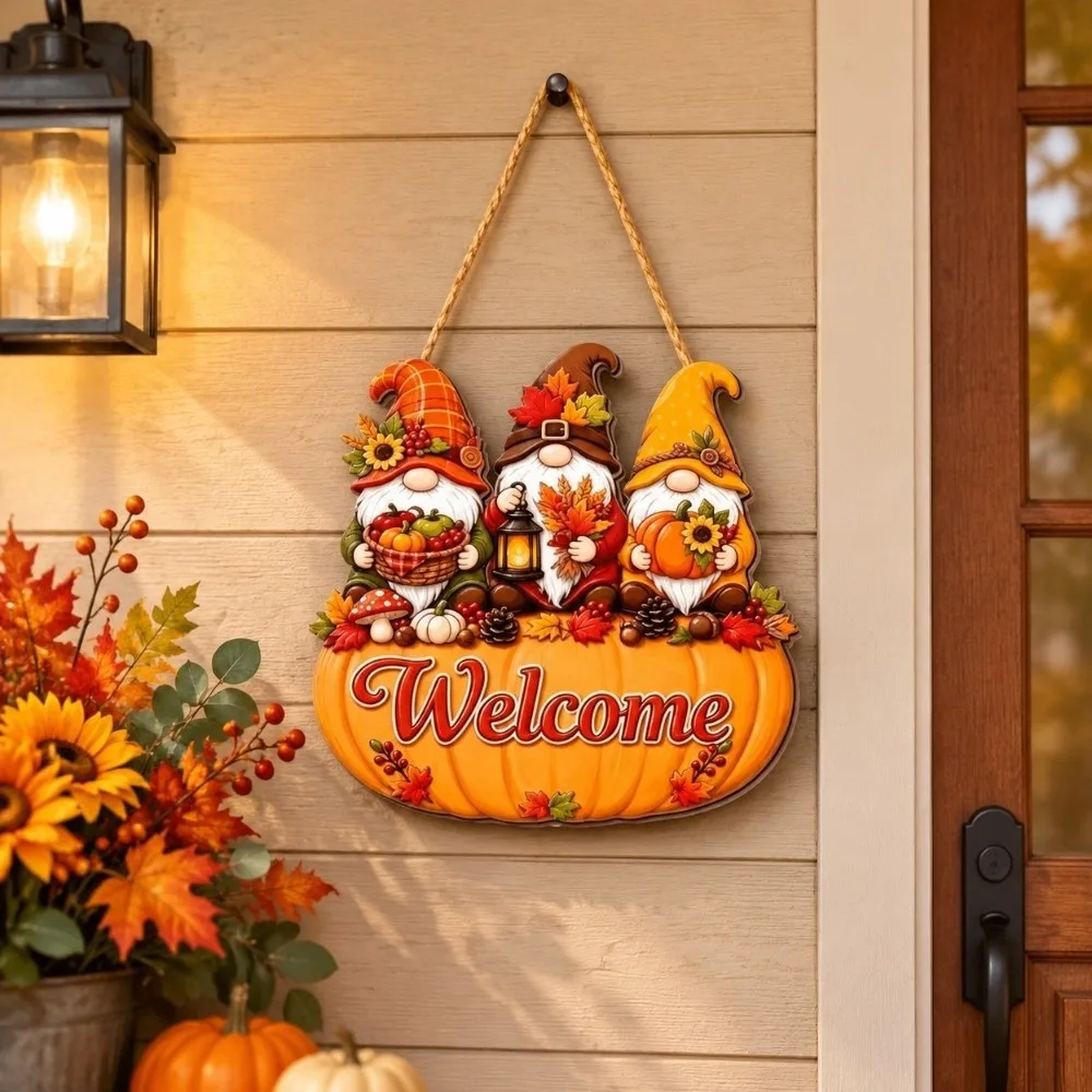Wooden Ornaments Welcome Hanging Sign Dwarf Pumpkin Halloween Door Hanging Rustic Style Maple Leaves Welcome Door Plate