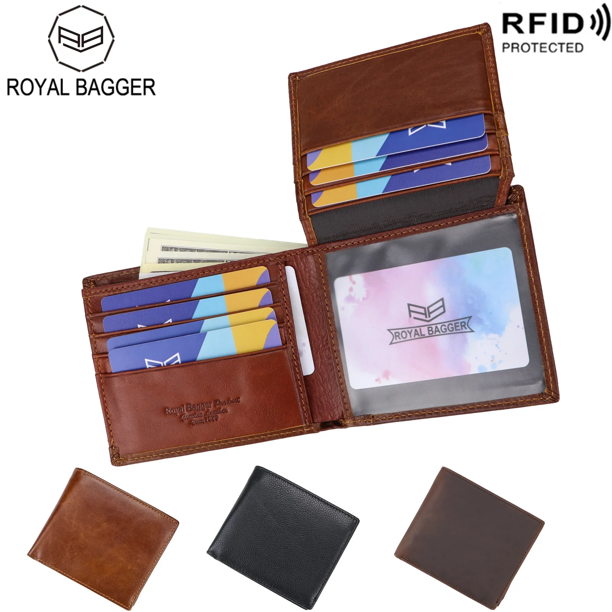 

Royal Bagger RFID Blocking Short Wallets for Men Crazy Horse Leather Cowhide Card Holder Vintage Trifold Male Wallet Purse 1469