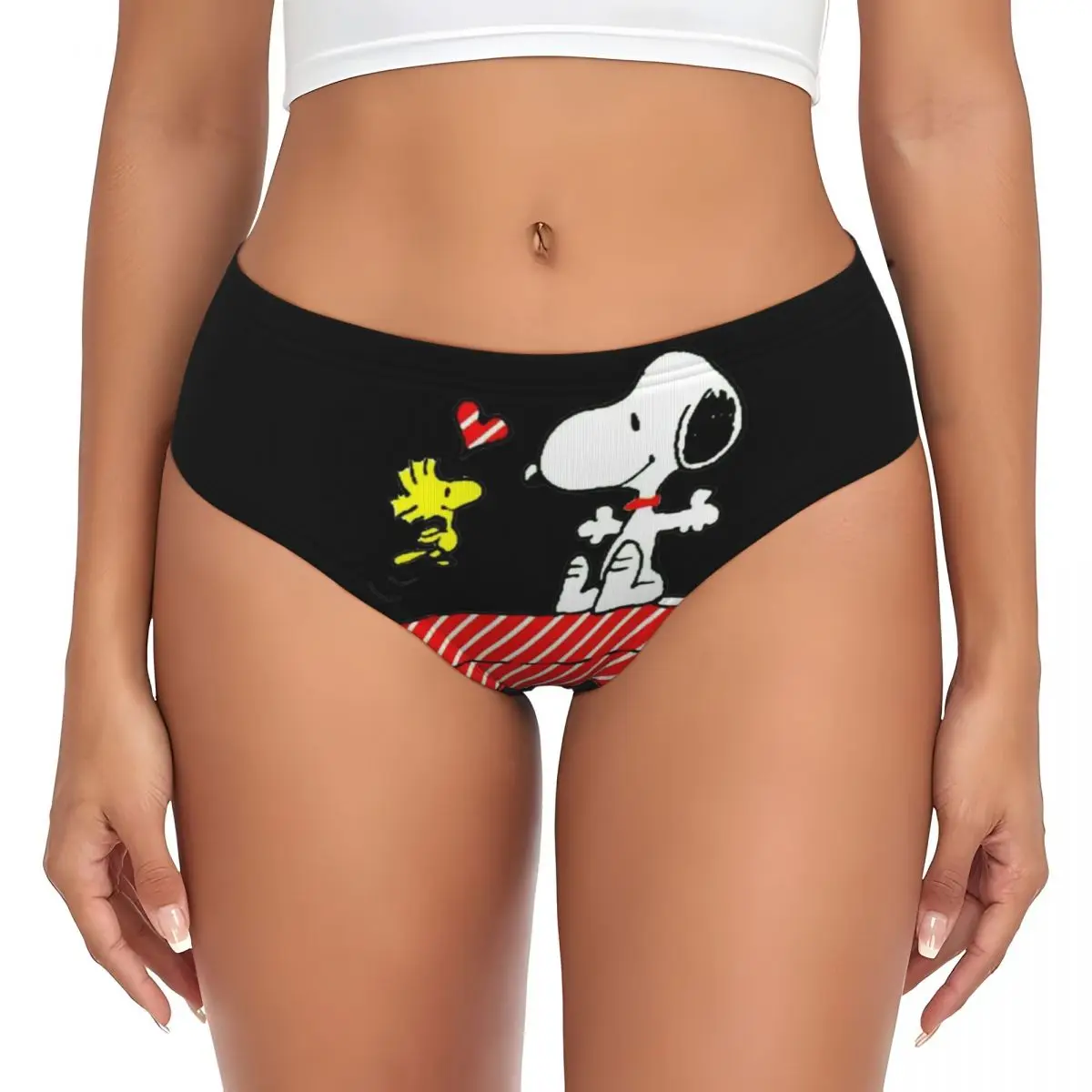 Custom Cartoon Snoopy Red Stripe Briefs Underwear Women's Breathable Stretch Movie Panties