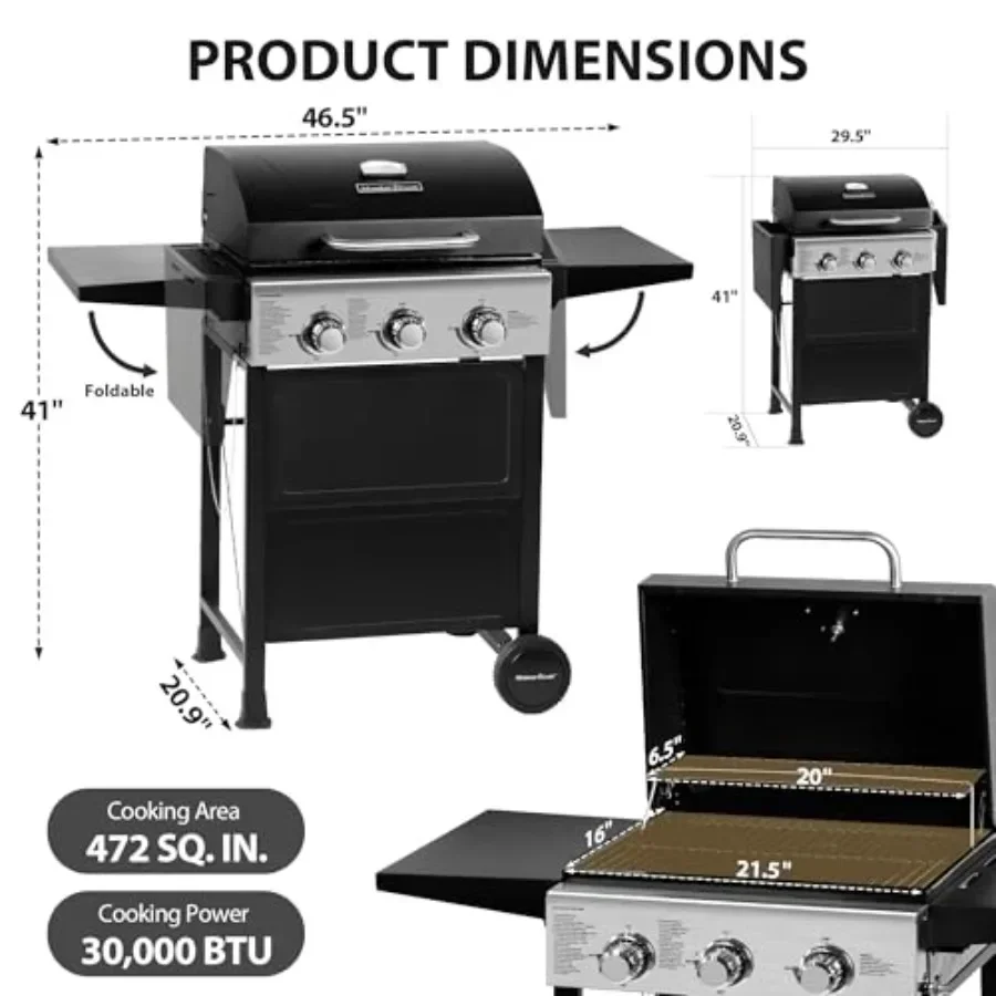 Outdoor patio backyard 3-burner propane gas grill with 472 sq. in. cooking area, 30, 000 BTU output, stainless steel constructi