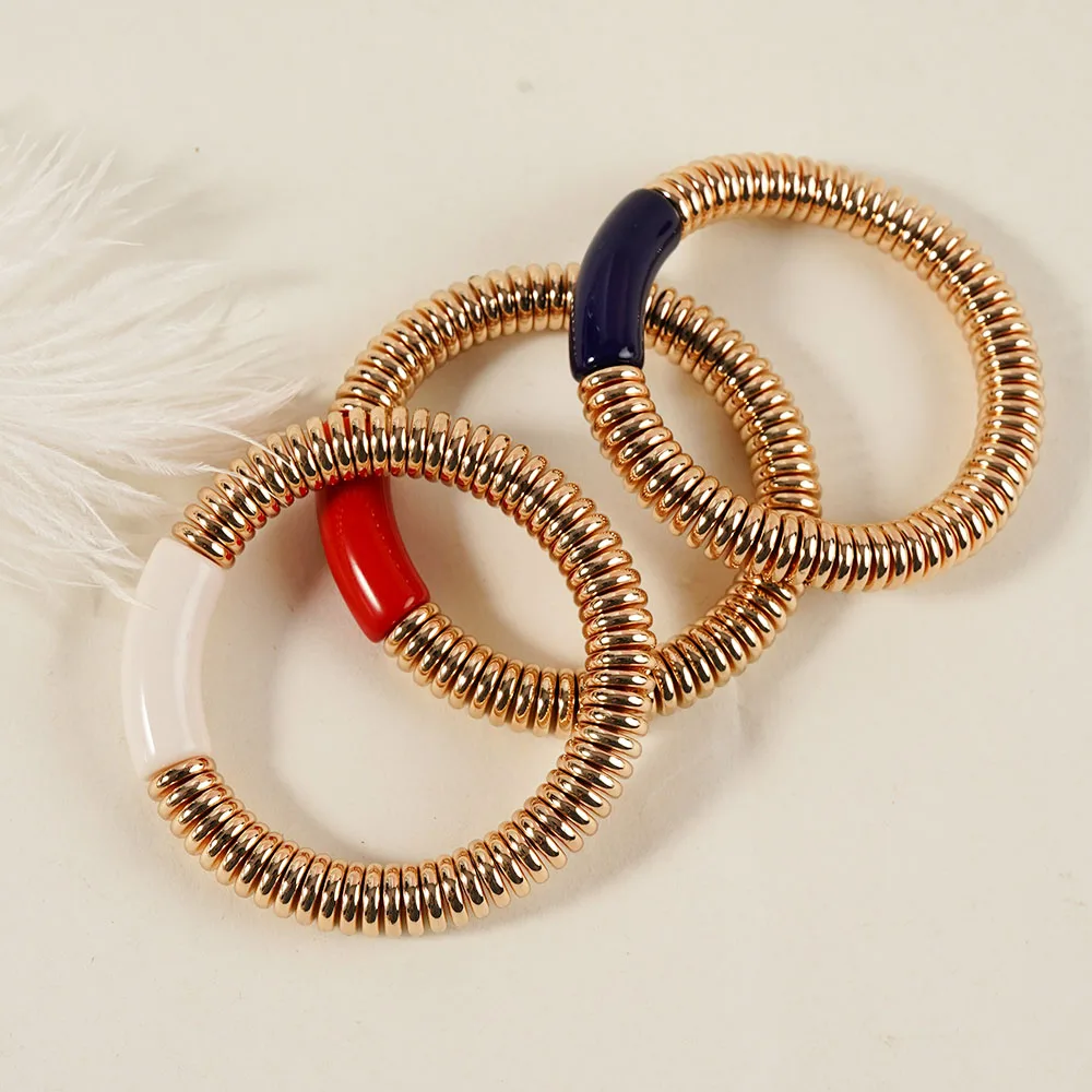 

Bohemian Fashion Vintage Round Acrylic Resin Bamboo Tube Cuff Bangle Golden Metal Charm Bracelets Women Elastic Jewelry ﻿