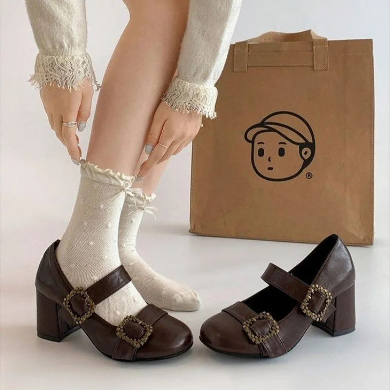 Vintage Mary Jane Schuhe für Damen, Glänzendes Leder Doppelriemen Kristallschnalle Süße High Heels, Perfekt für Sommer-Dates und Partys