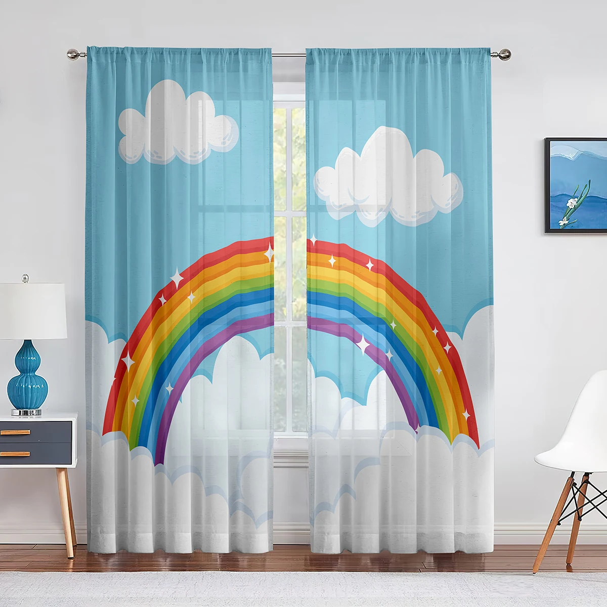 Rideaux en tulle nuages moelleux et ciel arc-en-ciel pour salon, décoration de chambre d'enfant, rideaux de fenêtre en mousseline de soie pure Tyys