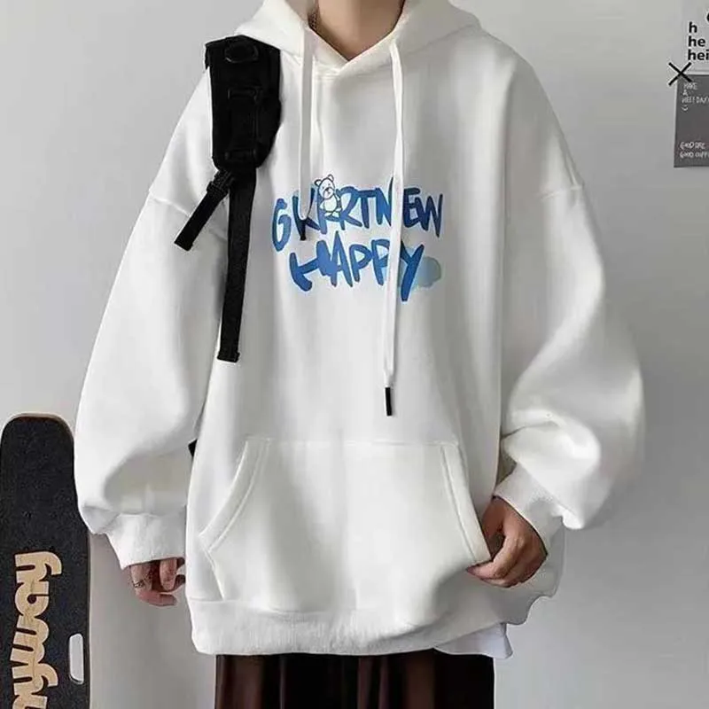 Fashion Loose Printed Letter Lace Up Hoodies Sweatshirts Men's Clothing 2024 Spring New Oversized Korean Tops Casual Sweatshirts