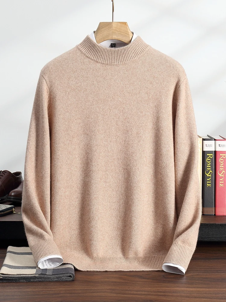 Hot Sale Cashmere Men's Sweater Mock-Neck Knitted Jumpers Long Sleeve Male 100% Cashmere Pullover Soft Warm Clothing Big Size