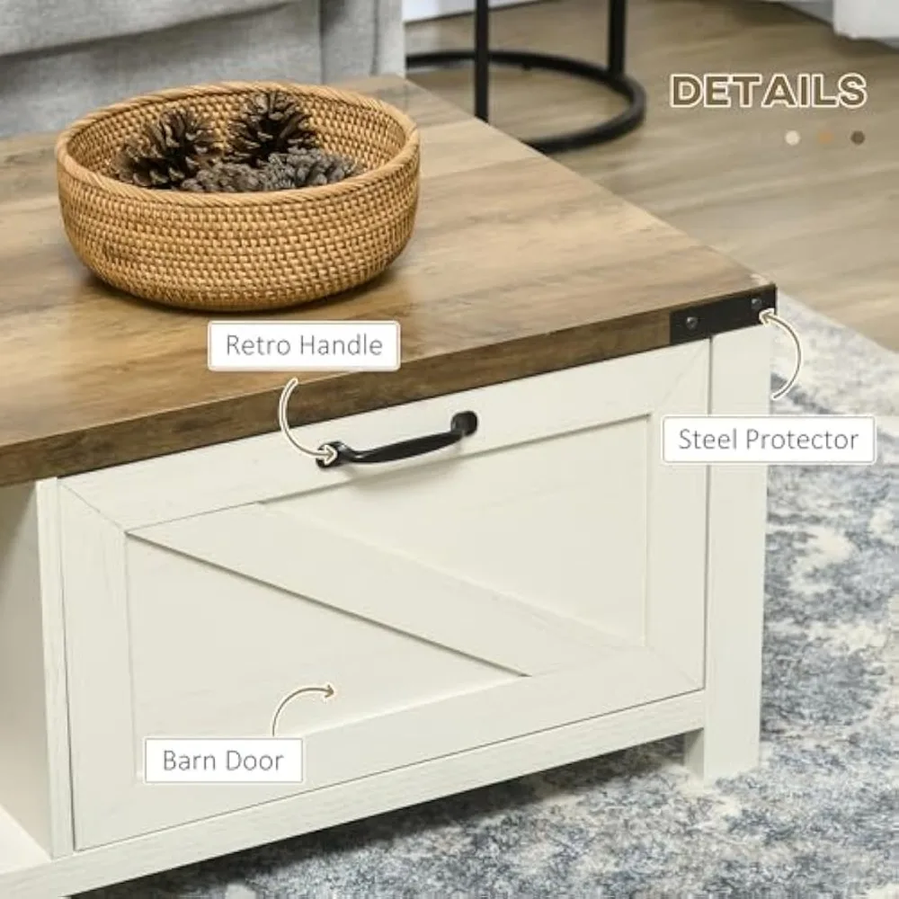 Rustic Farmhouse Style Coffee Table with Storage Drawer and Open Shelf, White for Living Room
