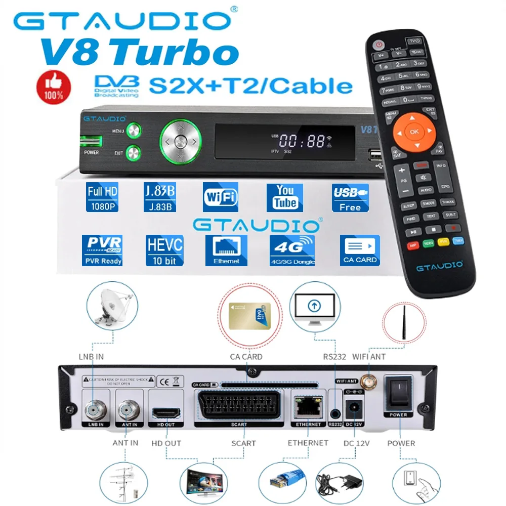 

[Genuine]GTAUDIO V8 TURBO SatelliteTV Receiver DVB-S2X+T2/Cable/J.83B AVS+VCM/ACM/multi-stream/T2MI,Multi-PLP Built-in 2.4G WIFI