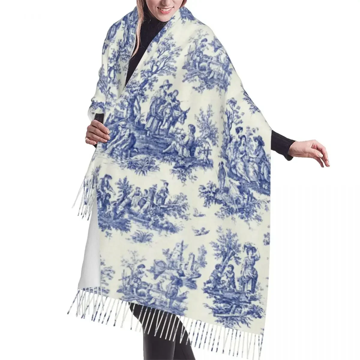 Print French Navy Blue Toile De Jouy Motif Pattern Scarf Men Women Winter Fall Warm Scarves Traditional France Art Shawls Wraps