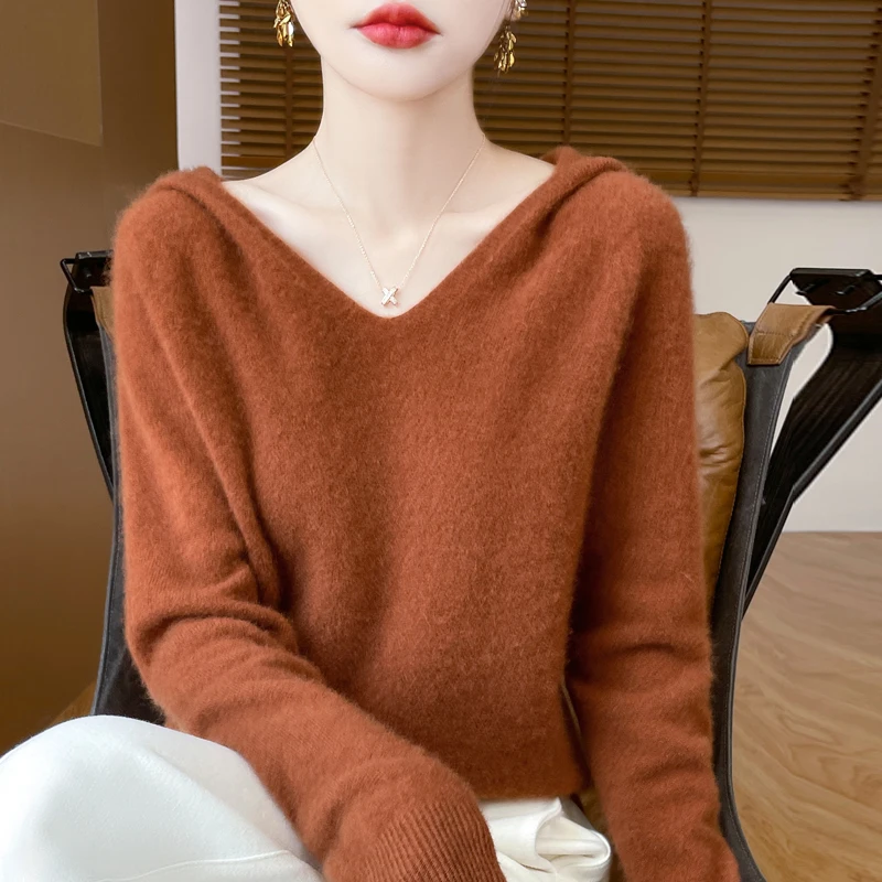

Women Autumn Winter Clothing Hooded Collar Pullover 100% Merino Wool Sweater New Fashion Cashmere Tops Bottoming Knitwear Soft