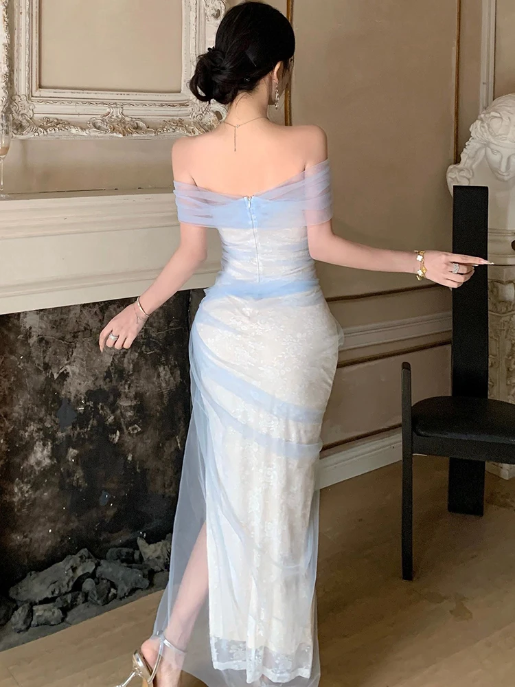 الصيف الأبيض الجاكار المرقعة شبكة فستان طويل المرأة أنيقة شيك الصدر التفاف فستان مثير 2025 الكورية Bodycon فستان المهرجان #3