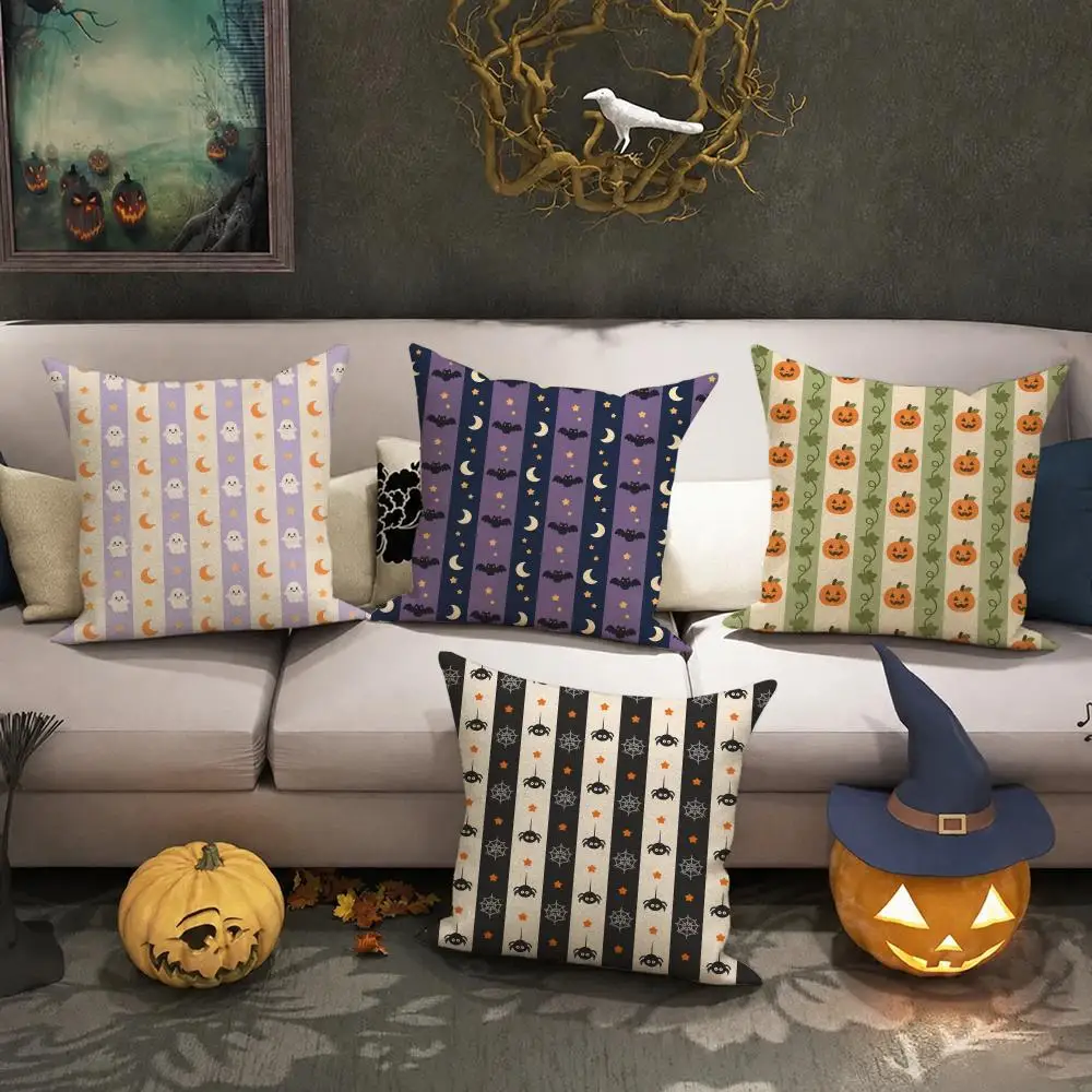 Retro Halloween Stripes Cushion Cover Halloween decoration trick or treat cushion cover, ghost, pumpkin head, bat decoration