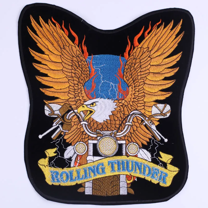 

28*25CM Motorcycle Eagle Wings Big Back Patch Letters Rolling Thunder Iron on Patches for Punk Jacket Man's Jackets Jeans Coat