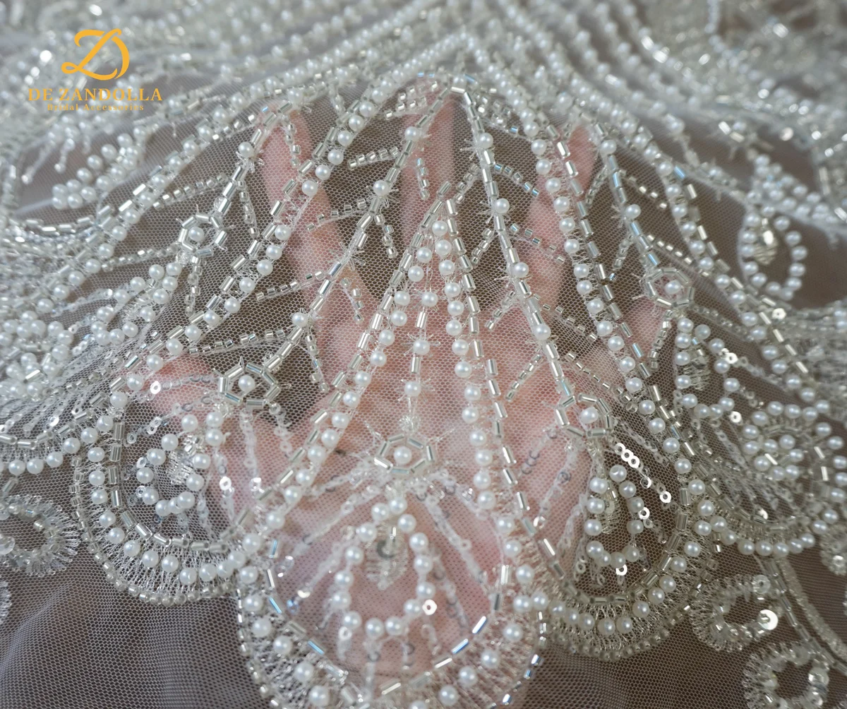 1 Yard Silver Bridal Dress Lace Fabrics Pearls Sequins Tulle Embroidery Width 120cm Party Gowns Lace  with Beads  Accessories