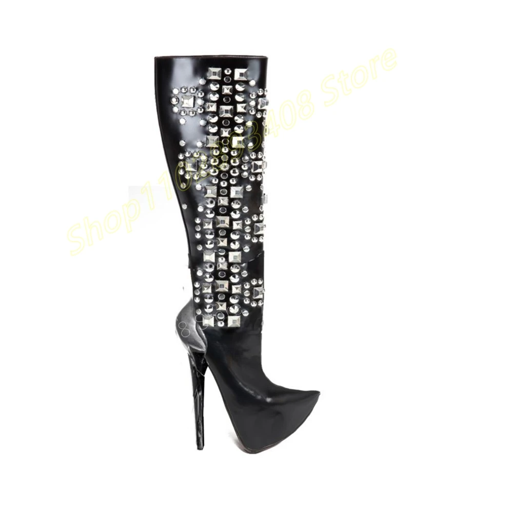 

Black Crystals Platform Knee High Boots Patent Leather Stiletto High Heel Fashion Sexy Women Shoes 2024 Zapatos Para Mujere