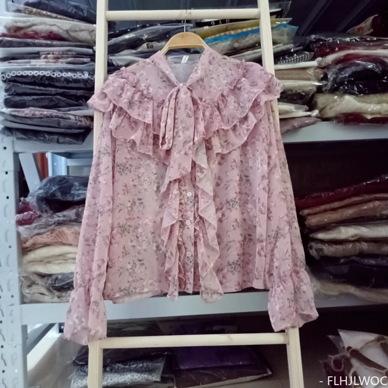 2024 Spring New Ruffles Tops Romantic Office Girls Flower Print Retro Cute Sweet Japan Style Flare Sleeve Pink Basic Shirts