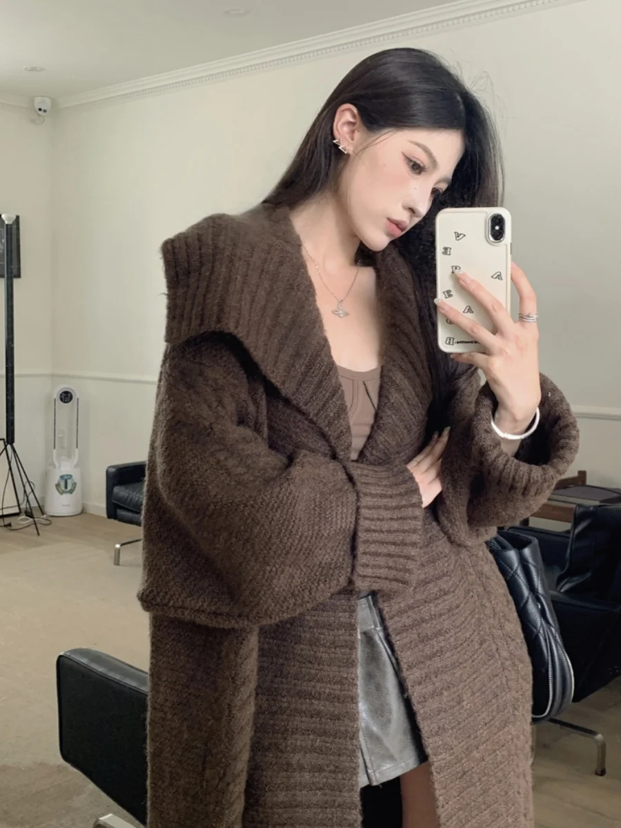 

plus Size Women's Sweater Coat Medium Length Knitted Big Collar Thick Twisted Korean Style Loose Fit Long Sleeve Cardigan