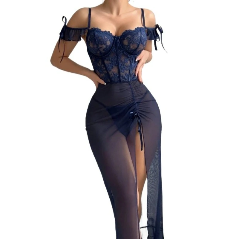 

2025 new Tibetan style lingerie set with long skirt, split hips, sexy perspective, astringent sleepwear, lace