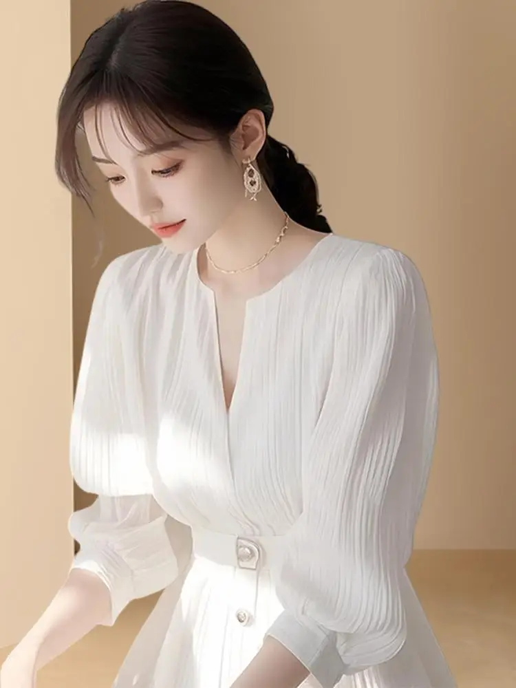 Ele Camicetta da donna irt primavera estate in chiffon a maniche lunghe che impinge la vita da pendolarismo Sle Slim Fit rotonda Ne lunghezza midi